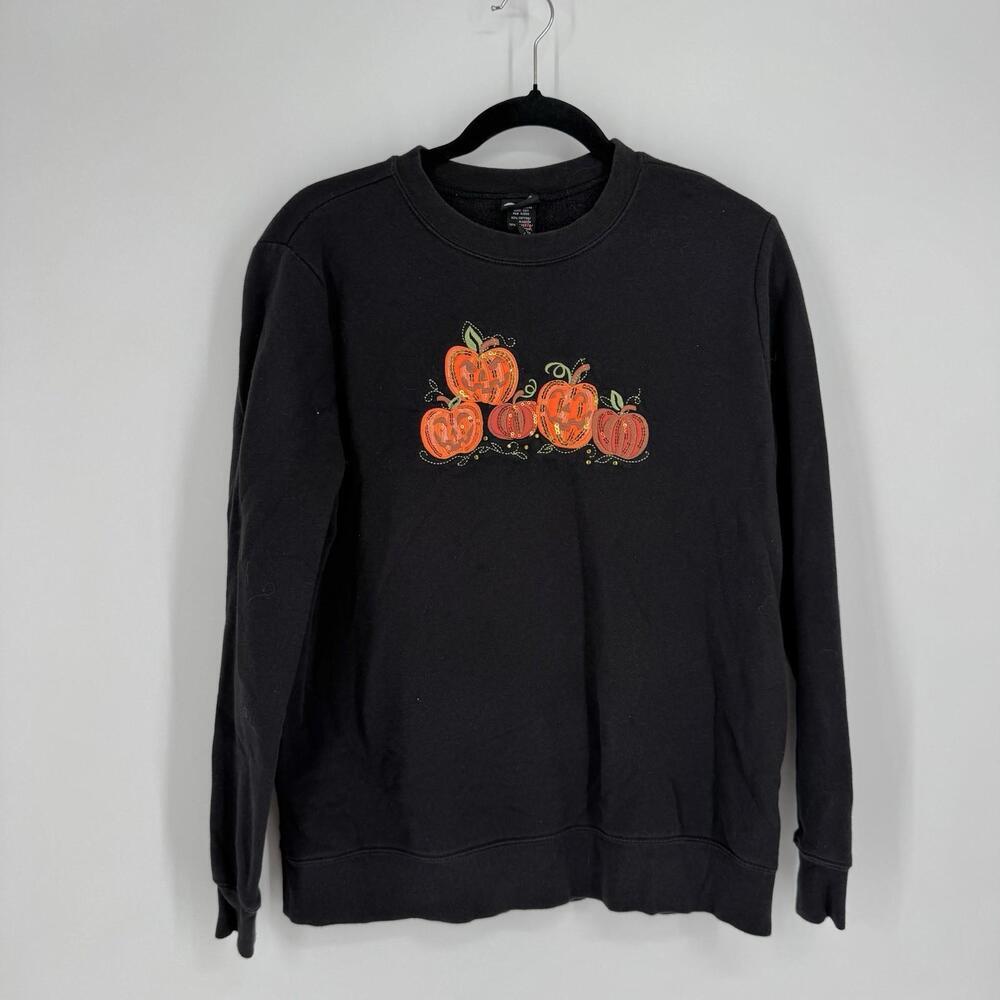 Vintage Halloween pullover sweatshirt womens large L black pumpkin jackolantern